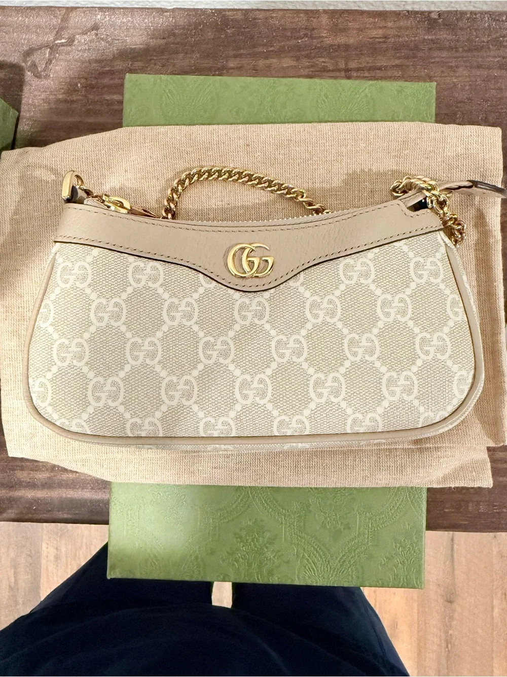 Gucci Beige GG Canvas Shoulder Bag with Gold Chain